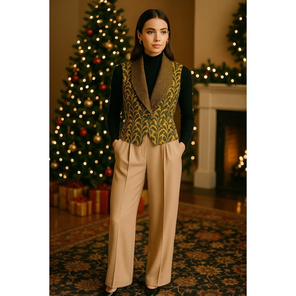 Vintage Anne Pinkerton 1980s Silk Botanical Print Holiday Festive Vest Small